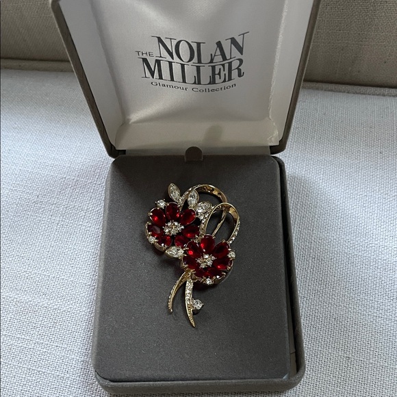 Nolan Miller Ruby Red Gossamer Flower and Gold Floral Brooch